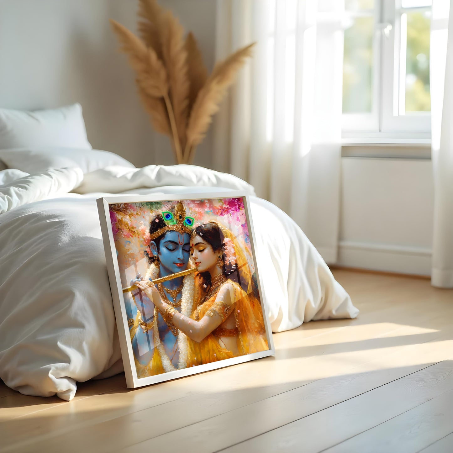 Premium Radha Krishna Acrylic Wall Art with Frame – Romantic Painting with Flute