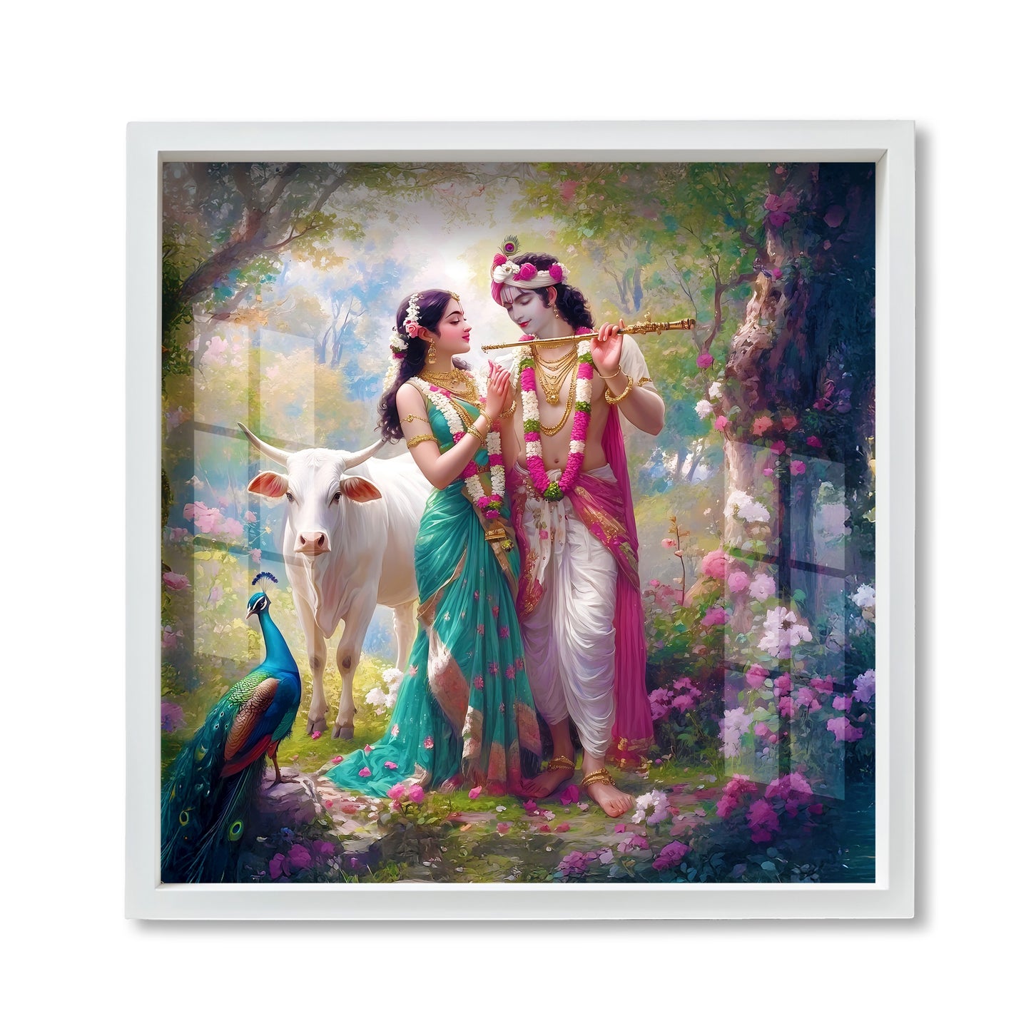 Radha Krishna Vrindavan Wall Art | Spiritual Acrylic Painting with White Frame | Hindu Couple Decor with Cow