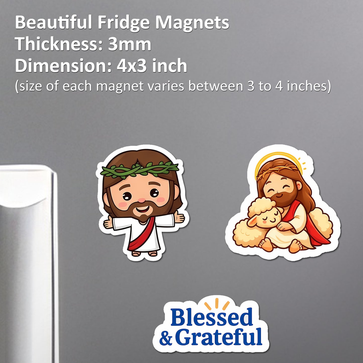 Cute Jesus & Blessed & Grateful Fridge Magnets | Set of 3 Acrylic Christian Refrigerator Magnets | Inspirational Faith Home Decor & Gift Set | 4x3 Inch