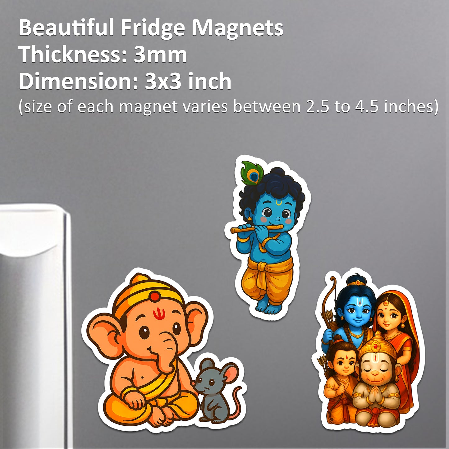 Bal Ganesha, Krishna & Ram Parivar Cartoon Magnets for Refrigerator, Office, Locker | Decorative Magnetic Stickers for Home & Gifting | Set of 3 Hindu God 3x3 Inch