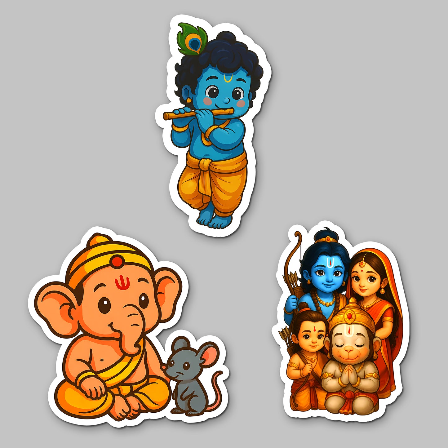 Bal Ganesha, Krishna & Ram Parivar Cartoon Magnets for Refrigerator, Office, Locker | Decorative Magnetic Stickers for Home & Gifting | Set of 3 Hindu God 3x3 Inch