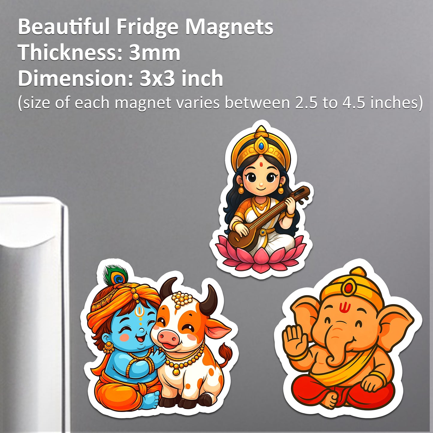 Cartoon Fridge Magnets | Little Krishna with Cow, Bal Ganesha & Saraswati | Acrylic 3x3 Inch Stickers Decorative Magnets for Refrigerator Set of 3