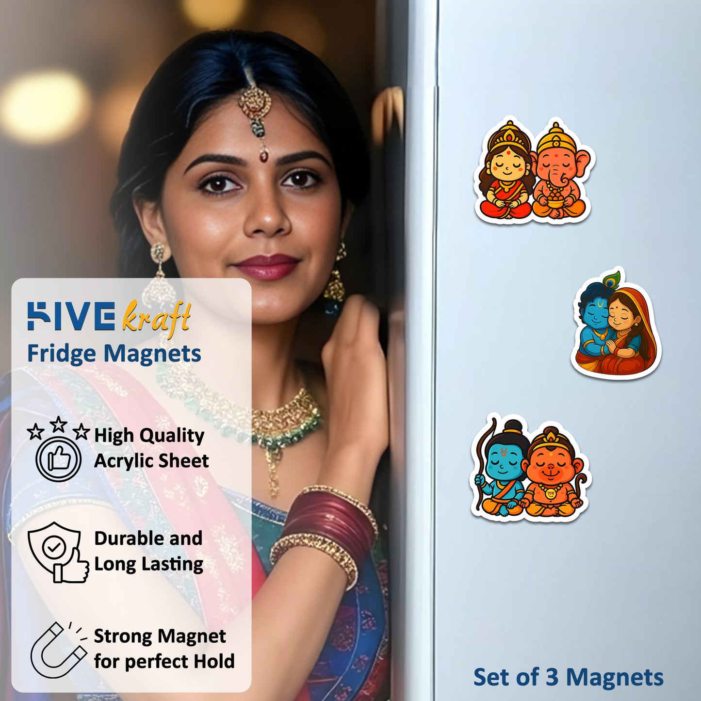 Acrylic Hindu God Fridge Magnets | Acrylic Set of 3 Cartoon-Style Decorative Magnets Indian Mythology Characters | Radha Krishna, Ganesh, Ram Sita Hanuman
