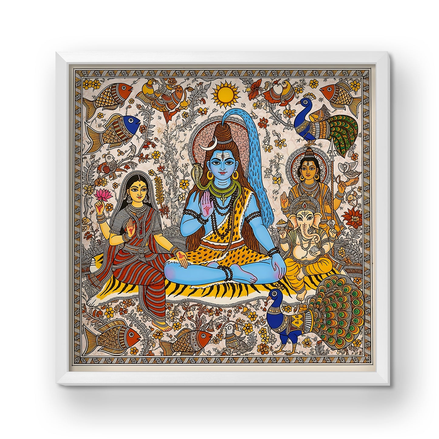 Premium Shiv Parivar Acrylic Wall Frame Glass Finishing Madhubani Art Style | Lord Shiva, Parvati, Ganesha & Kartikeya Painting | Wall Decor for Home & Temple