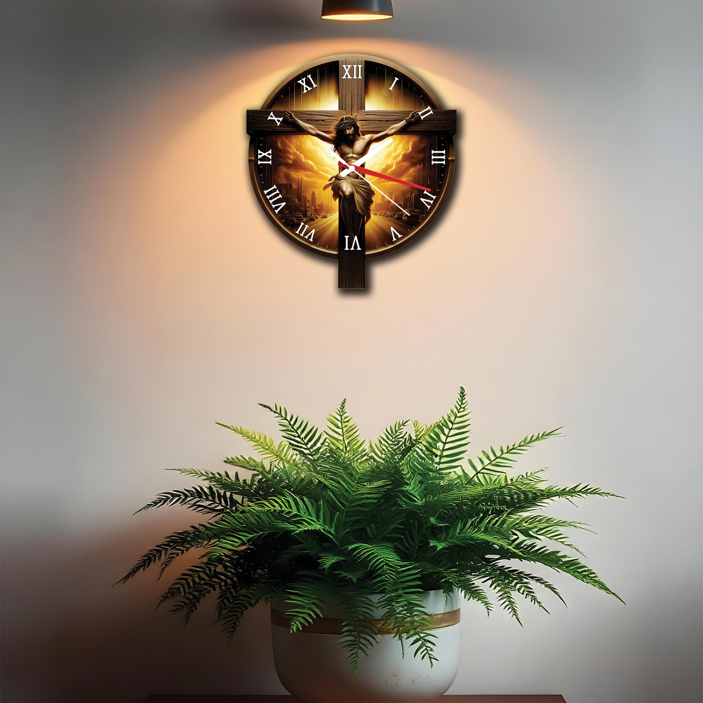 Sacred Crucifixion Wall Clock for Home Décor with Roman Numerals