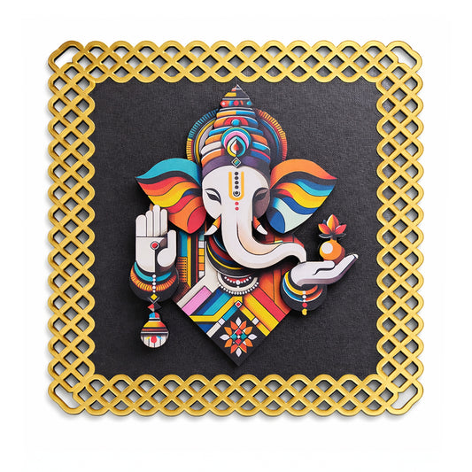 FIVE KRAFT Premium Ganesha Wall Decor for Pooja Room | Multi Layered MDF 3D Ganpati Wall Art with Frame | UV Print Laser Cut Spiritual Wall Hanging for Home Templ | 12x12