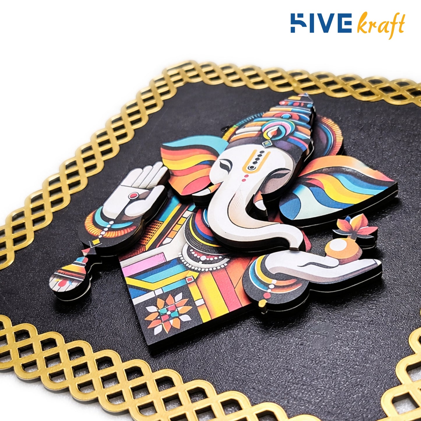 FIVE KRAFT Premium Ganesha Wall Decor for Pooja Room | Multi Layered MDF 3D Ganpati Wall Art with Frame | UV Print Laser Cut Spiritual Wall Hanging for Home Templ | 12x12