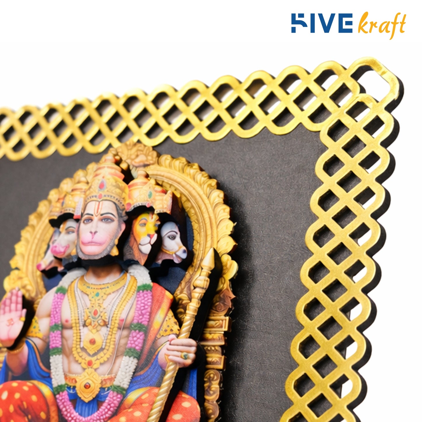FIVE KRAFT Premium Panchmukhi Hanuman Wall Art | Multi Layer MDF 3D Wooden Religious Wall Art with Golden Frame | UV Printed Laser Cut Hanuman Ji Wall Hanging for Home Temple & Pooja Room | 12x12 Inch