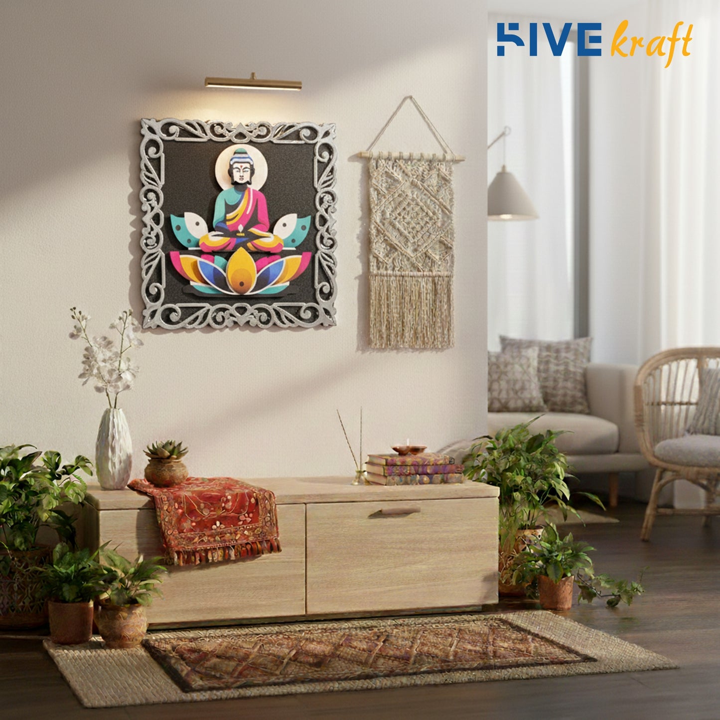 FIVE KRAFT Buddha Wall Decor with Premium Designer Frame | Multi Layered MDF 3D Wall Art | UV Printed Laser Cut Spiritual Wall Hanging for Living Room, Home Temple & Meditation Decor | 12x12