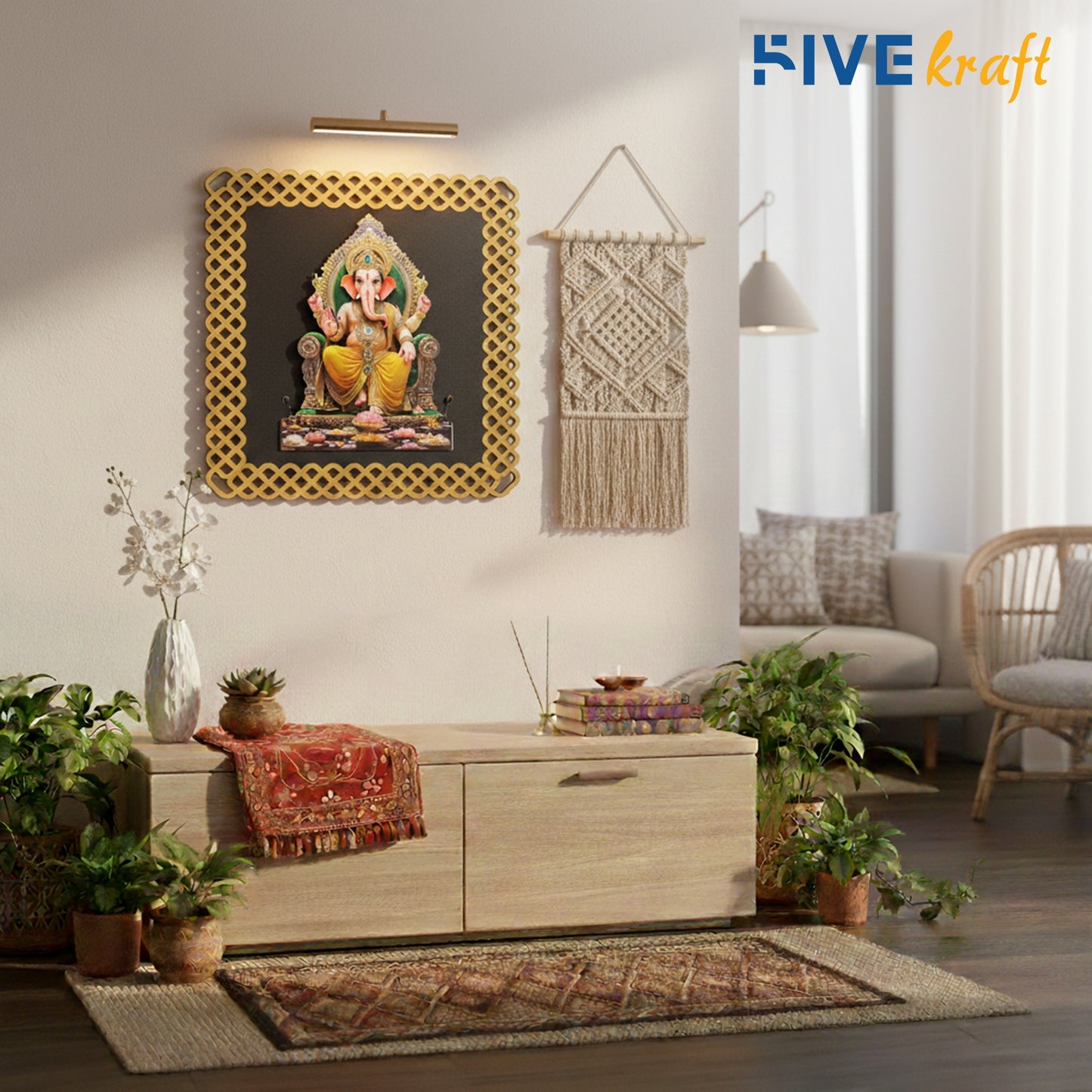 FIVE KRAFT Lord Ganesha Wall Art | Multi Layered MDF 3D Ganpati Wall Art with Designer Frame | UV Print Laser Cut Wooden Wall Hanging for Home Temple, Pooja Room & Vastu Decor | 12x12 Inch