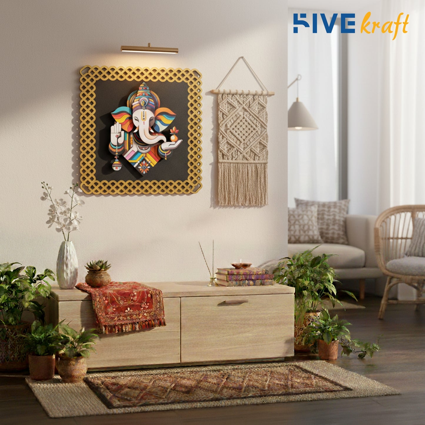 FIVE KRAFT Premium Ganesha Wall Decor for Pooja Room | Multi Layered MDF 3D Ganpati Wall Art with Frame | UV Print Laser Cut Spiritual Wall Hanging for Home Templ | 12x12