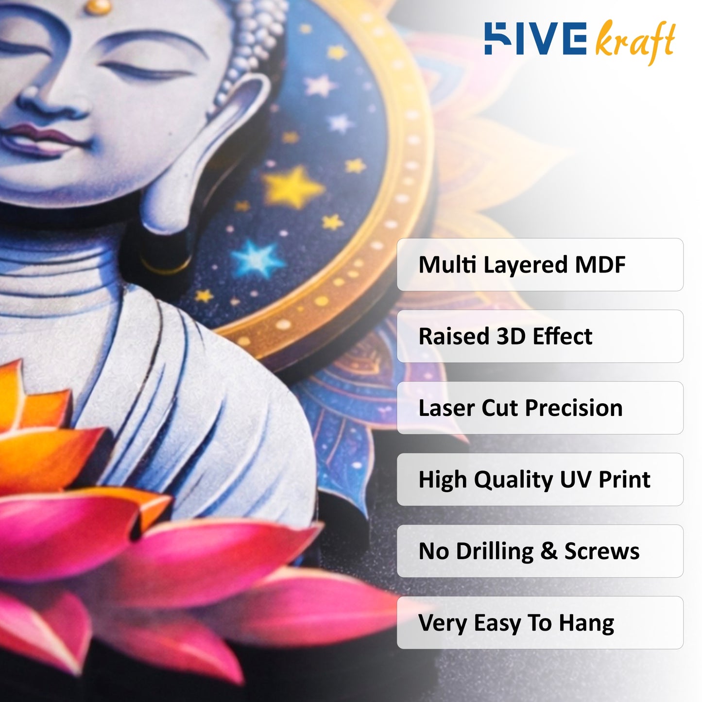 FIVE KRAFT Buddha Wall Decor for Living Room Multi Layered MDF 3D Wall Art with Raised Effect, Laser Cut UV Printed Spiritual Wall Hanging Home Temple Meditation Decor | 12x12 Inch