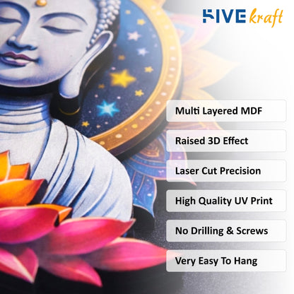 FIVE KRAFT Buddha Wall Decor for Living Room Multi Layered MDF 3D Wall Art with Raised Effect, Laser Cut UV Printed Spiritual Wall Hanging Home Temple Meditation Decor | 12x12 Inch