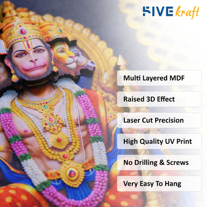 FIVE KRAFT Premium Panchmukhi Hanuman Wall Art | Multi Layer MDF 3D Wooden Religious Wall Art with Golden Frame | UV Printed Laser Cut Hanuman Ji Wall Hanging for Home Temple & Pooja Room | 12x12 Inch