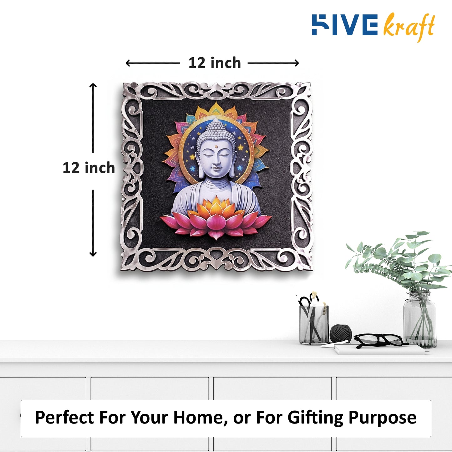 FIVE KRAFT Buddha Wall Decor for Living Room Multi Layered MDF 3D Wall Art with Raised Effect, Laser Cut UV Printed Spiritual Wall Hanging Home Temple Meditation Decor | 12x12 Inch