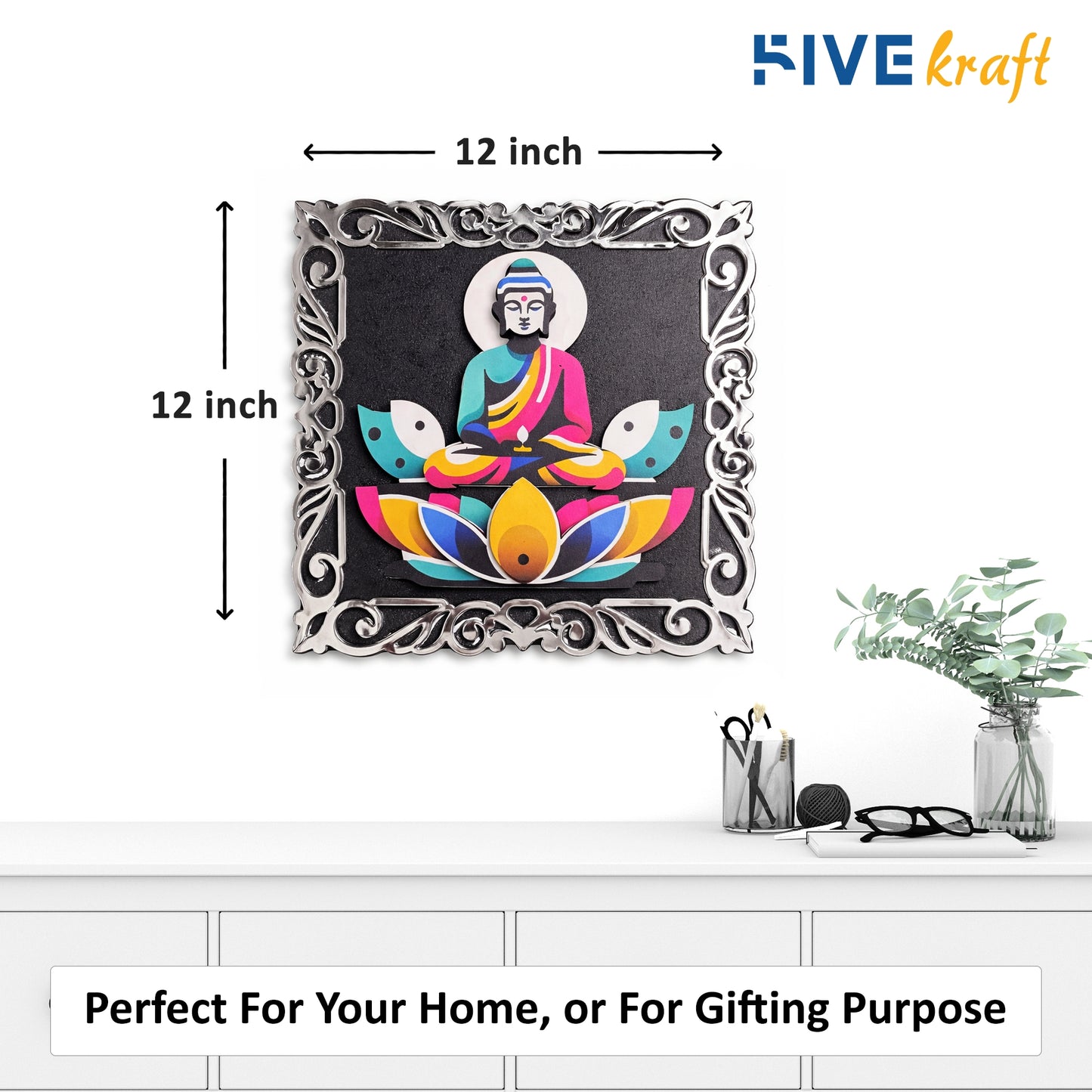 FIVE KRAFT Buddha Wall Decor with Premium Designer Frame | Multi Layered MDF 3D Wall Art | UV Printed Laser Cut Spiritual Wall Hanging for Living Room, Home Temple & Meditation Decor | 12x12