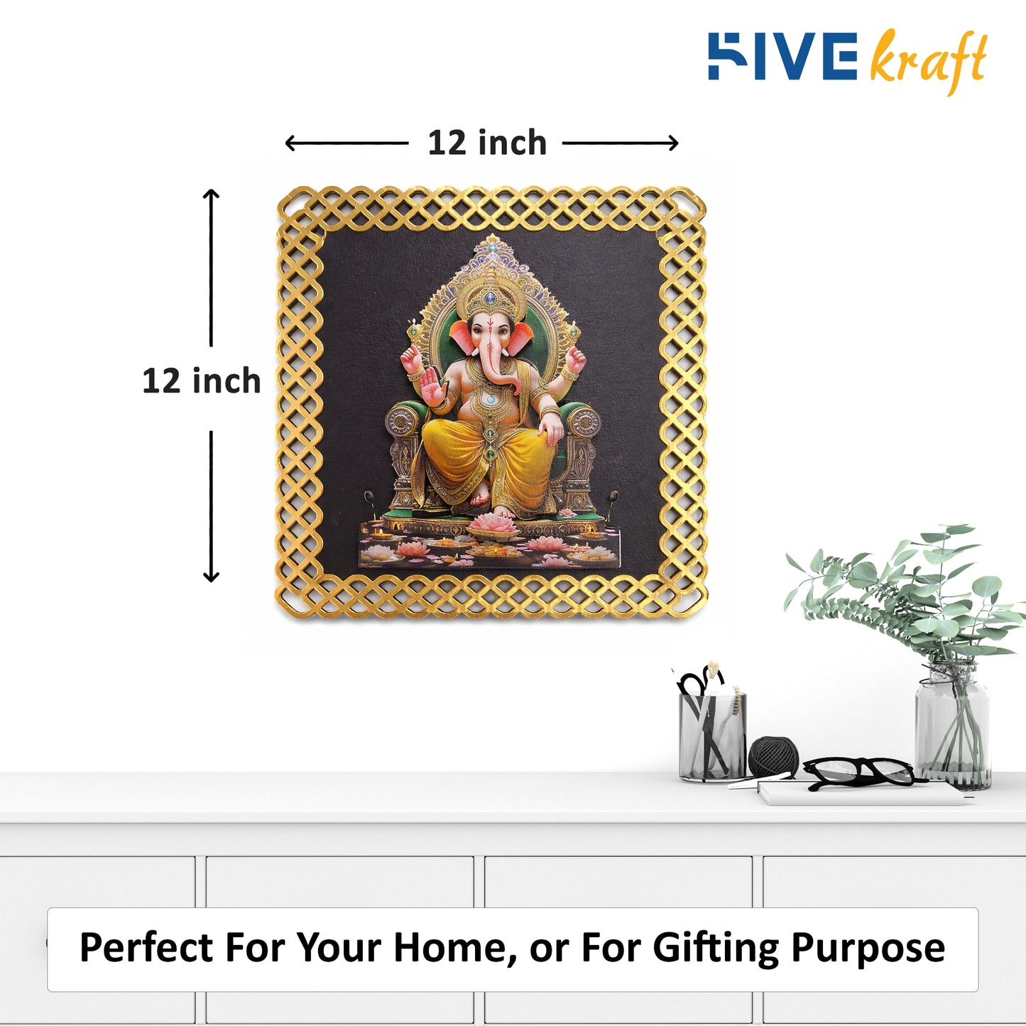 FIVE KRAFT Lord Ganesha Wall Art | Multi Layered MDF 3D Ganpati Wall Art with Designer Frame | UV Print Laser Cut Wooden Wall Hanging for Home Temple, Pooja Room & Vastu Decor | 12x12 Inch