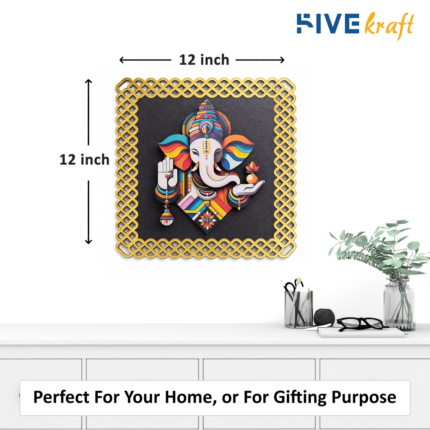 FIVE KRAFT Premium Ganesha Wall Decor for Pooja Room | Multi Layered MDF 3D Ganpati Wall Art with Frame | UV Print Laser Cut Spiritual Wall Hanging for Home Templ | 12x12
