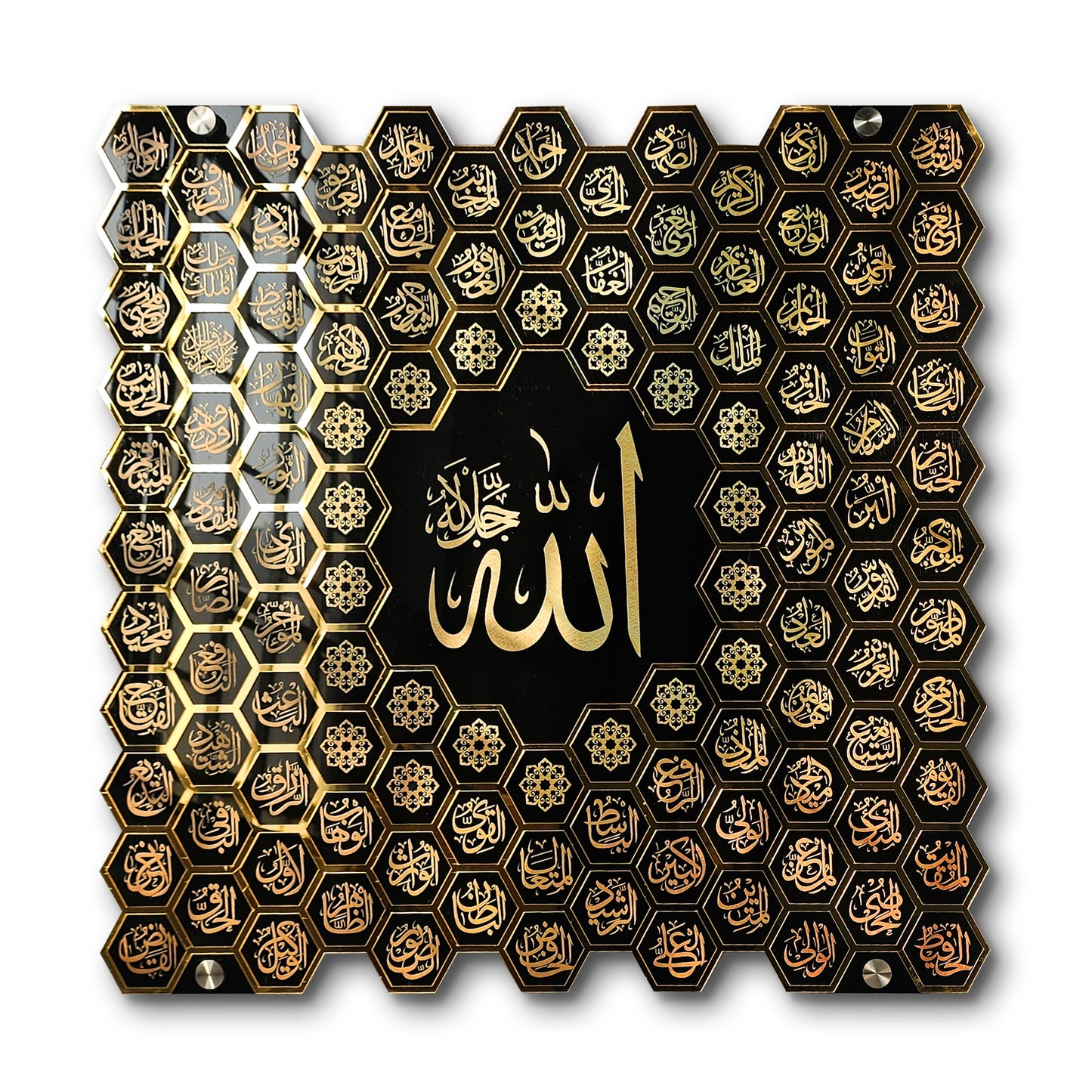 Luxury 99 Names of Allah Islamic Acrylic Wall Art | Golden Honeycomb Calligraphy with Glass Finishing Decor | Allah Name for Home, Mosque, Office | Muslim Gift | Islamic Wall Hanging | 24x24 Inch (Black & Golden)