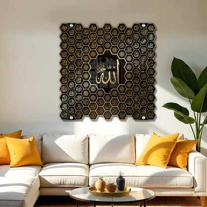 Luxury 99 Names of Allah Islamic Acrylic Wall Art | Golden Honeycomb Calligraphy with Glass Finishing Decor | Allah Name for Home, Mosque, Office | Muslim Gift | Islamic Wall Hanging | 24x24 Inch (Black & Golden)