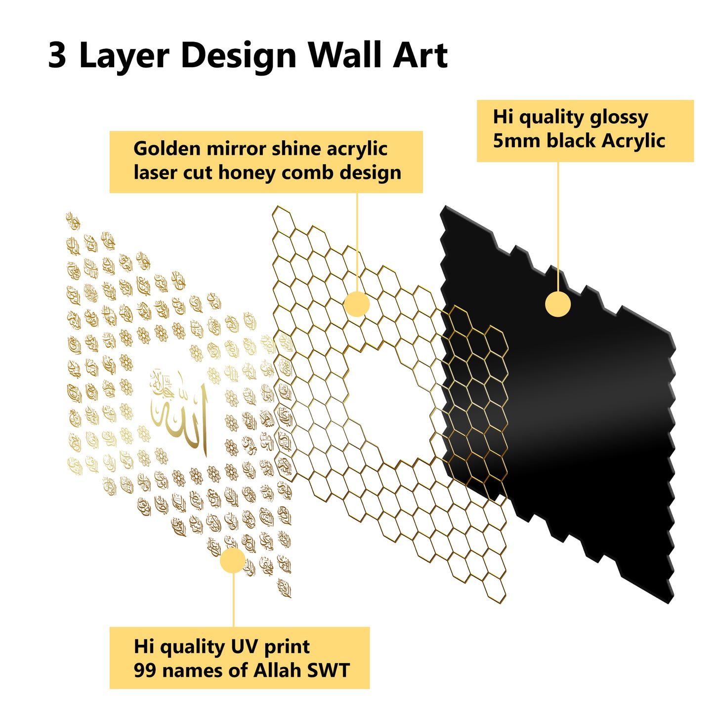 Luxury 99 Names of Allah Islamic Acrylic Wall Art | Golden Honeycomb Calligraphy with Glass Finishing Decor | Allah Name for Home, Mosque, Office | Muslim Gift | Islamic Wall Hanging | 24x24 Inch (Black & Golden)
