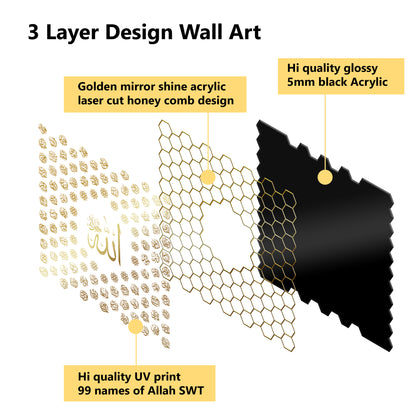 Luxury 99 Names of Allah Islamic Acrylic Wall Art | Golden Honeycomb Calligraphy with Glass Finishing Decor | Allah Name for Home, Mosque, Office | Muslim Gift | Islamic Wall Hanging | 24x24 Inch (Black & Golden)