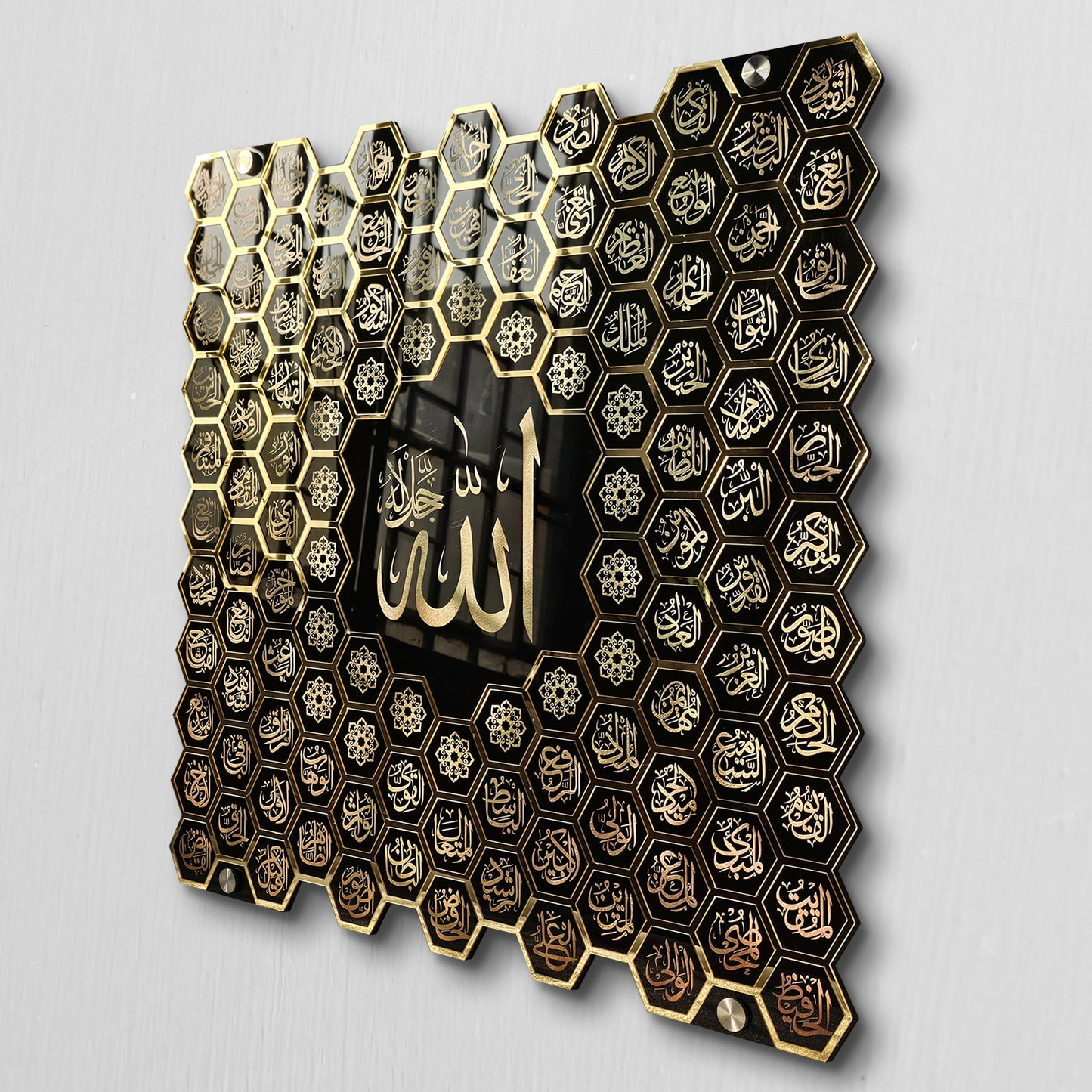 Luxury 99 Names of Allah Islamic Acrylic Wall Art | Golden Honeycomb Calligraphy with Glass Finishing Decor | Allah Name for Home, Mosque, Office | Muslim Gift | Islamic Wall Hanging | 24x24 Inch (Black & Golden)