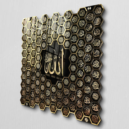 Luxury 99 Names of Allah Islamic Acrylic Wall Art | Golden Honeycomb Calligraphy with Glass Finishing Decor | Allah Name for Home, Mosque, Office | Muslim Gift | Islamic Wall Hanging | 24x24 Inch (Black & Golden)