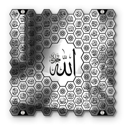 Luxury 99 Names of Allah Islamic Acrylic Wall Art | Golden Honeycomb Calligraphy with Glass Finishing Decor | Allah Name for Home, Mosque, Office | Muslim Gift | Islamic Wall Hanging | 24x24 Inch (Silver & Black)