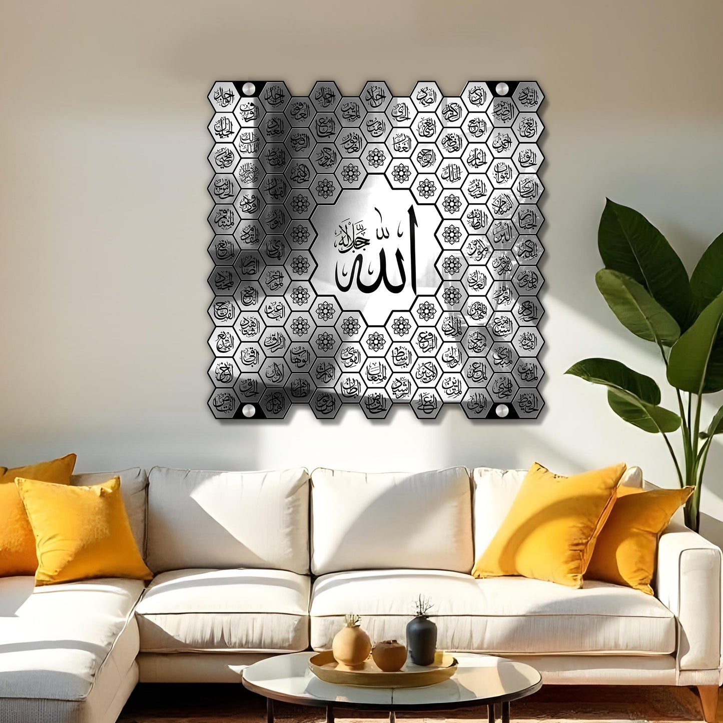 Luxury 99 Names of Allah Islamic Acrylic Wall Art | Golden Honeycomb Calligraphy with Glass Finishing Decor | Allah Name for Home, Mosque, Office | Muslim Gift | Islamic Wall Hanging | 24x24 Inch (Silver & Black)