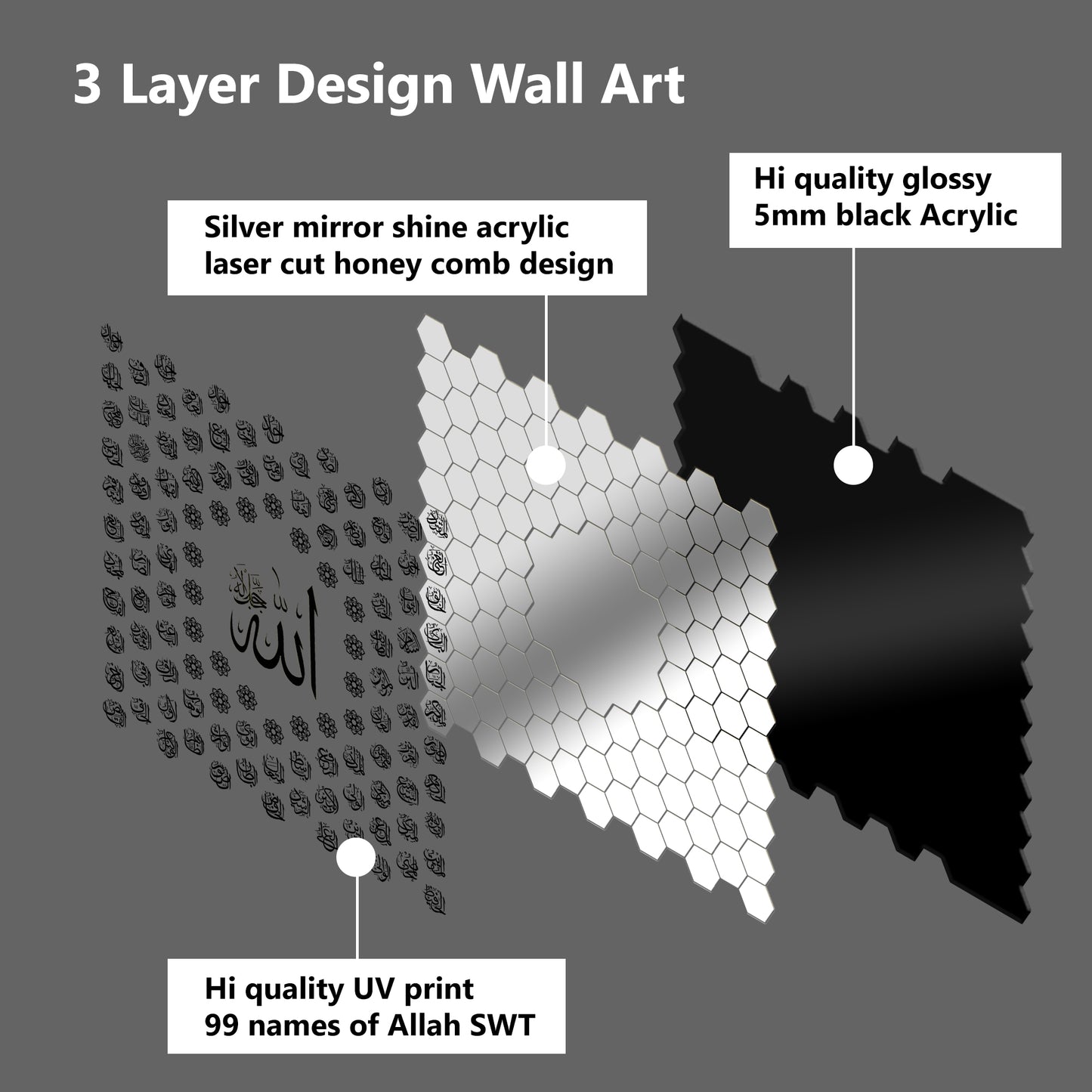 Luxury 99 Names of Allah Islamic Acrylic Wall Art | Golden Honeycomb Calligraphy with Glass Finishing Decor | Allah Name for Home, Mosque, Office | Muslim Gift | Islamic Wall Hanging | 24x24 Inch (Silver & Black)