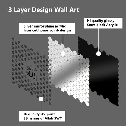 Luxury 99 Names of Allah Islamic Acrylic Wall Art | Golden Honeycomb Calligraphy with Glass Finishing Decor | Allah Name for Home, Mosque, Office | Muslim Gift | Islamic Wall Hanging | 24x24 Inch (Silver & Black)