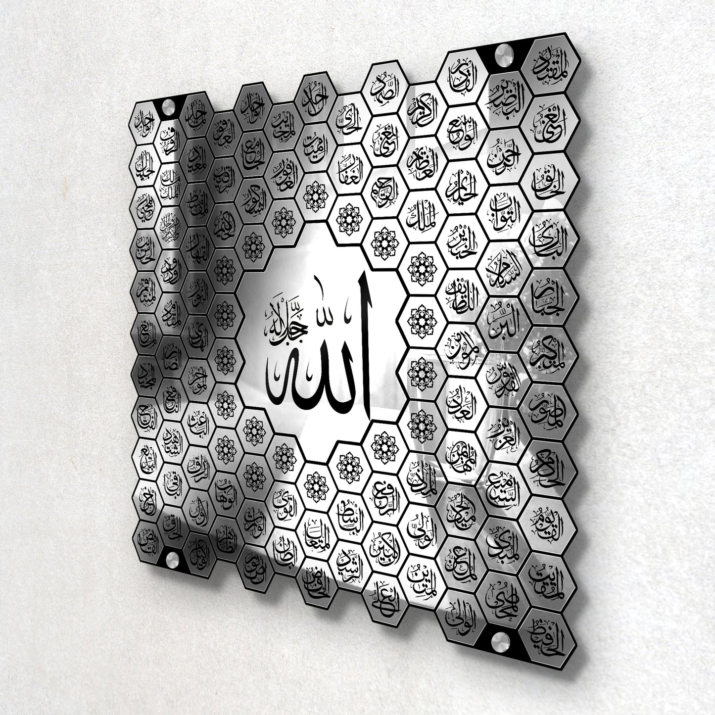 Luxury 99 Names of Allah Islamic Acrylic Wall Art | Golden Honeycomb Calligraphy with Glass Finishing Decor | Allah Name for Home, Mosque, Office | Muslim Gift | Islamic Wall Hanging | 24x24 Inch (Silver & Black)