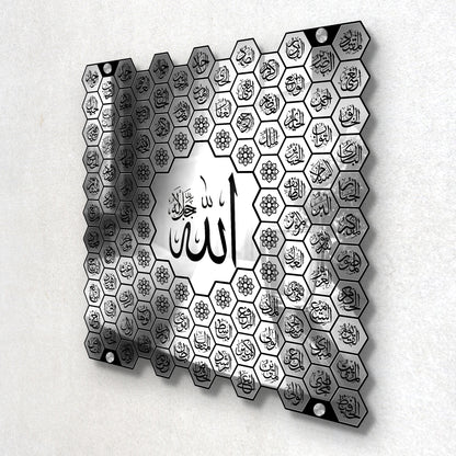 Luxury 99 Names of Allah Islamic Acrylic Wall Art | Golden Honeycomb Calligraphy with Glass Finishing Decor | Allah Name for Home, Mosque, Office | Muslim Gift | Islamic Wall Hanging | 24x24 Inch (Silver & Black)