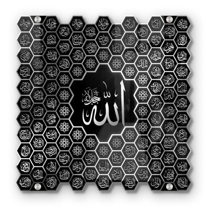 Luxury 99 Names of Allah Islamic Acrylic Wall Art | Golden Honeycomb Calligraphy with Glass Finishing Decor | Allah Name for Home, Mosque, Office | Muslim Gift | Islamic Wall Hanging | 24x24 Inch (Black & Silver)