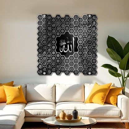 Luxury 99 Names of Allah Islamic Acrylic Wall Art | Golden Honeycomb Calligraphy with Glass Finishing Decor | Allah Name for Home, Mosque, Office | Muslim Gift | Islamic Wall Hanging | 24x24 Inch (Black & Silver)