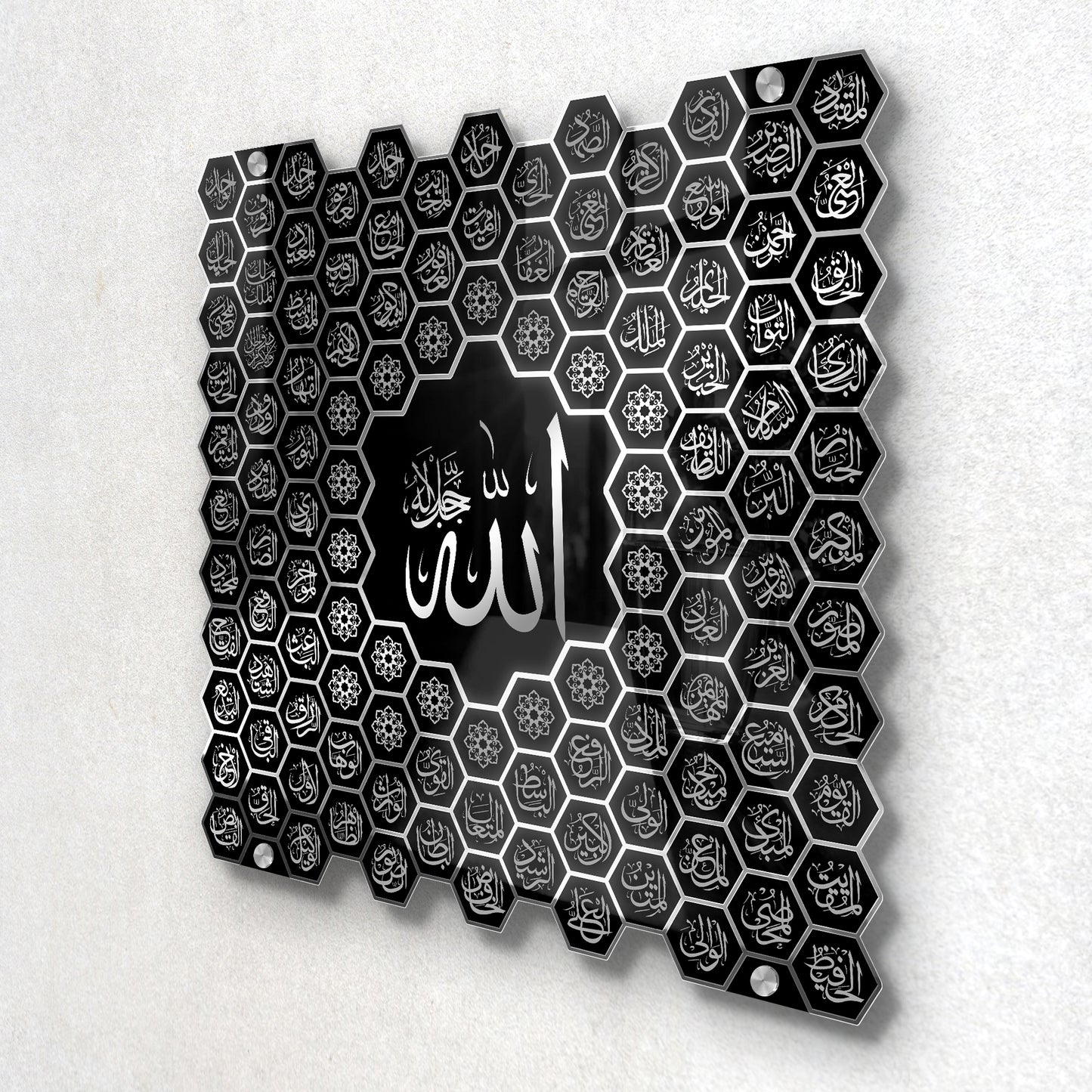 Luxury 99 Names of Allah Islamic Acrylic Wall Art | Golden Honeycomb Calligraphy with Glass Finishing Decor | Allah Name for Home, Mosque, Office | Muslim Gift | Islamic Wall Hanging | 24x24 Inch (Black & Silver)