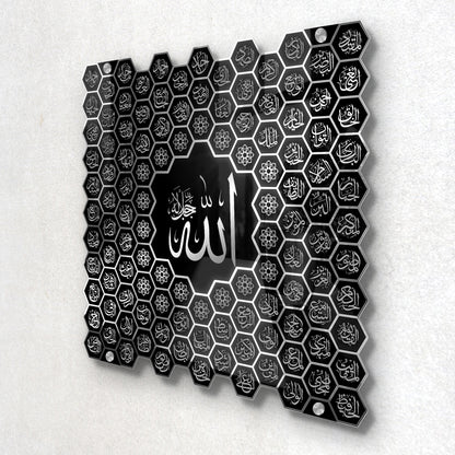 Luxury 99 Names of Allah Islamic Acrylic Wall Art | Golden Honeycomb Calligraphy with Glass Finishing Decor | Allah Name for Home, Mosque, Office | Muslim Gift | Islamic Wall Hanging | 24x24 Inch (Black & Silver)