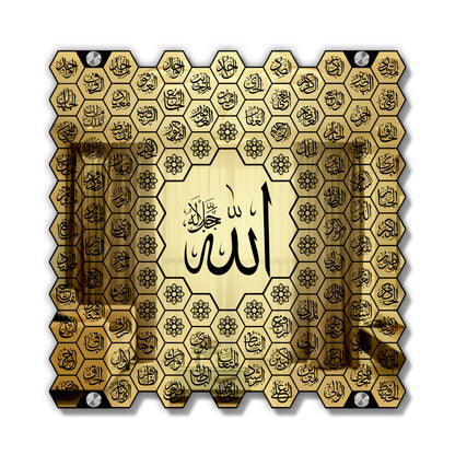 Luxury 99 Names of Allah Islamic Acrylic Wall Art | Golden Honeycomb Calligraphy with Glass Finishing Decor | Allah Name for Home, Mosque, Office | Muslim Gift | Islamic Wall Hanging | 24x24 Inch