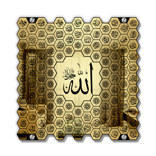 Luxury 99 Names of Allah Islamic Acrylic Wall Art | Golden Honeycomb Calligraphy with Glass Finishing Decor | Allah Name for Home, Mosque, Office | Muslim Gift | Islamic Wall Hanging | 24x24 Inch