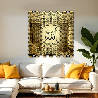 Luxury 99 Names of Allah Islamic Acrylic Wall Art | Golden Honeycomb Calligraphy with Glass Finishing Decor | Allah Name for Home, Mosque, Office | Muslim Gift | Islamic Wall Hanging | 24x24 Inch