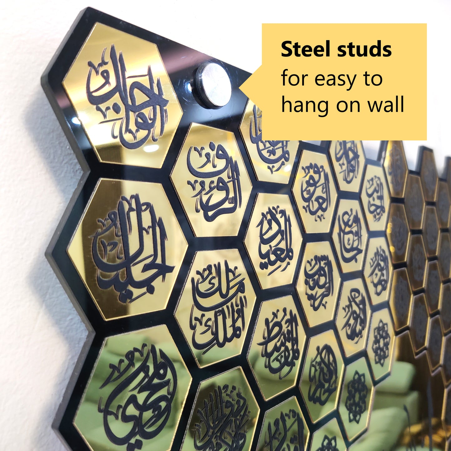 Luxury 99 Names of Allah Islamic Acrylic Wall Art | Golden Honeycomb Calligraphy with Glass Finishing Decor | Allah Name for Home, Mosque, Office | Muslim Gift | Islamic Wall Hanging | 24x24 Inch