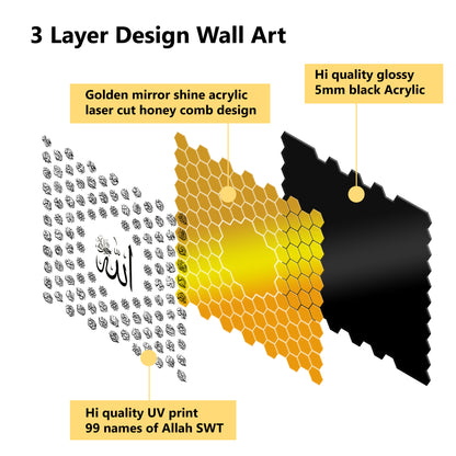 Luxury 99 Names of Allah Islamic Acrylic Wall Art | Golden Honeycomb Calligraphy with Glass Finishing Decor | Allah Name for Home, Mosque, Office | Muslim Gift | Islamic Wall Hanging | 24x24 Inch