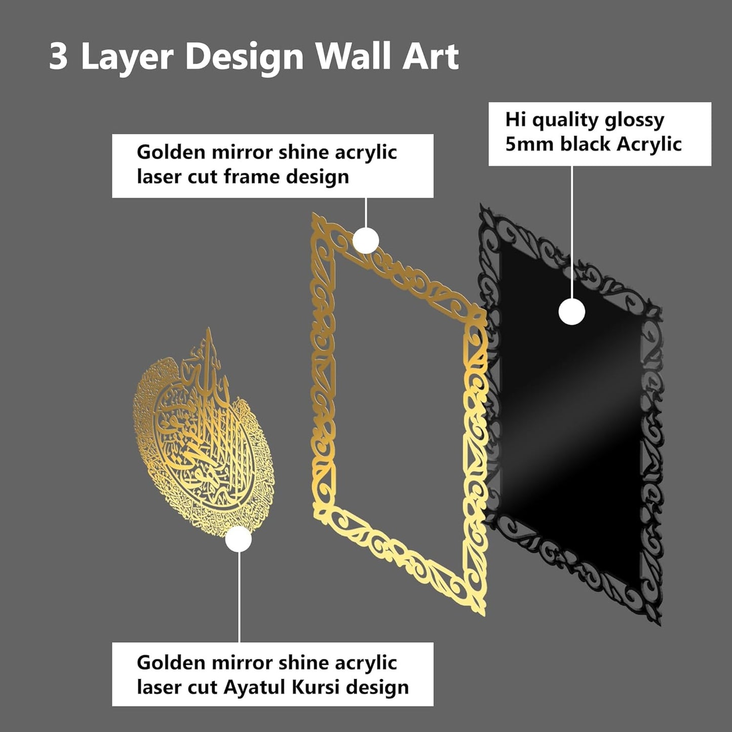 Premium 3D Ayatul Kursi Islamic Wall Art in Double Layer Golden Shinning Acrylic | Golden Arabic Calligraphy Frame | Black Base | Quran Verse Muslim Home Decor for Living Room, Bedroom, Office & Masjid | 16x24 Inches (Black & Gold)