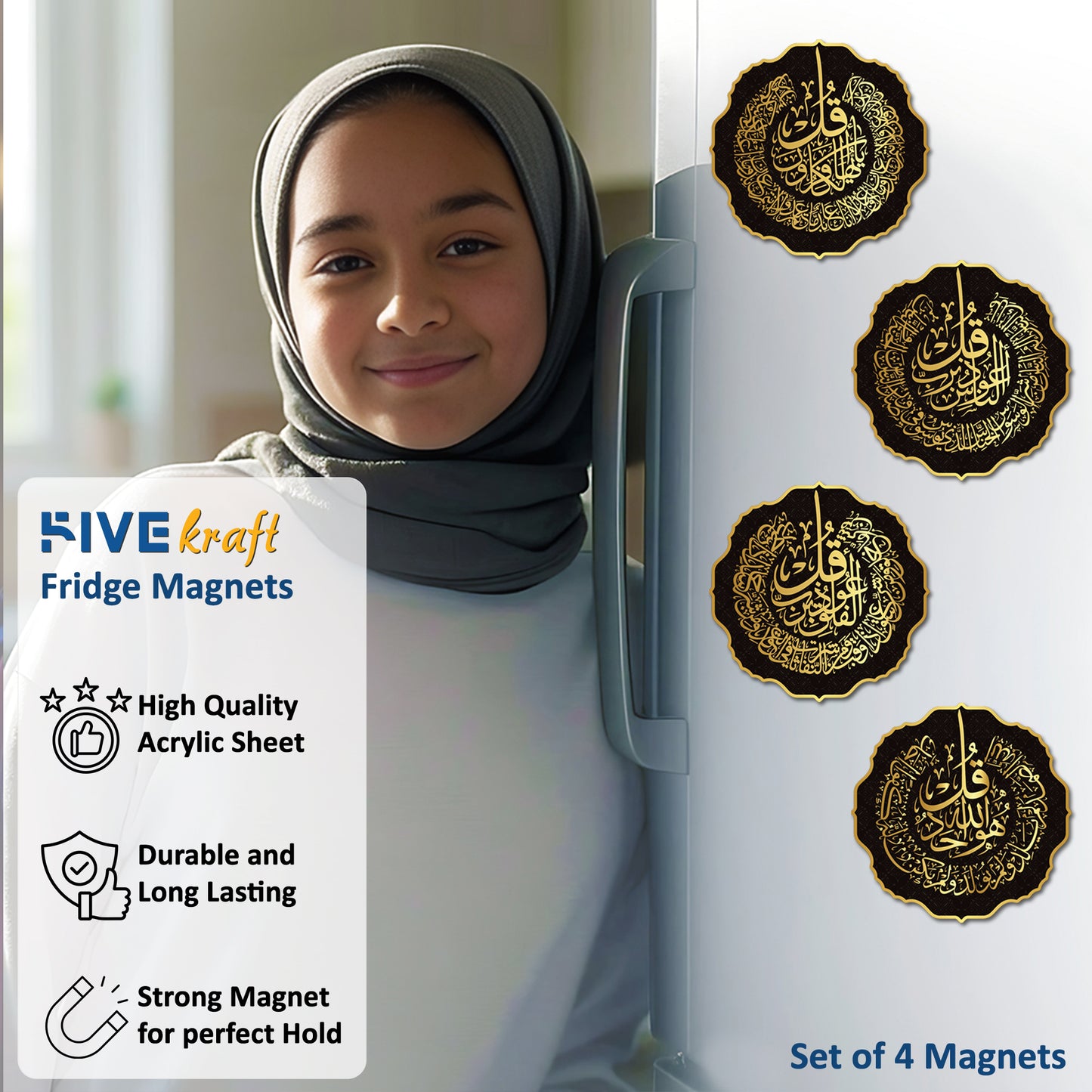 4 Quls Fridge Magnets | Islamic Fridge Magnets | 4x4 inch 3mm | Ararabic Calligraphy Magnets for Refrigerator, Office, Locker | Decorative Magnetic Acrylic Stickers for Home & Gifting | Set of 4