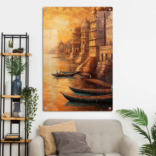 Abstract Banaras Ghat Painting Wall Art: A Modern Interpretation of Sacred Serenity