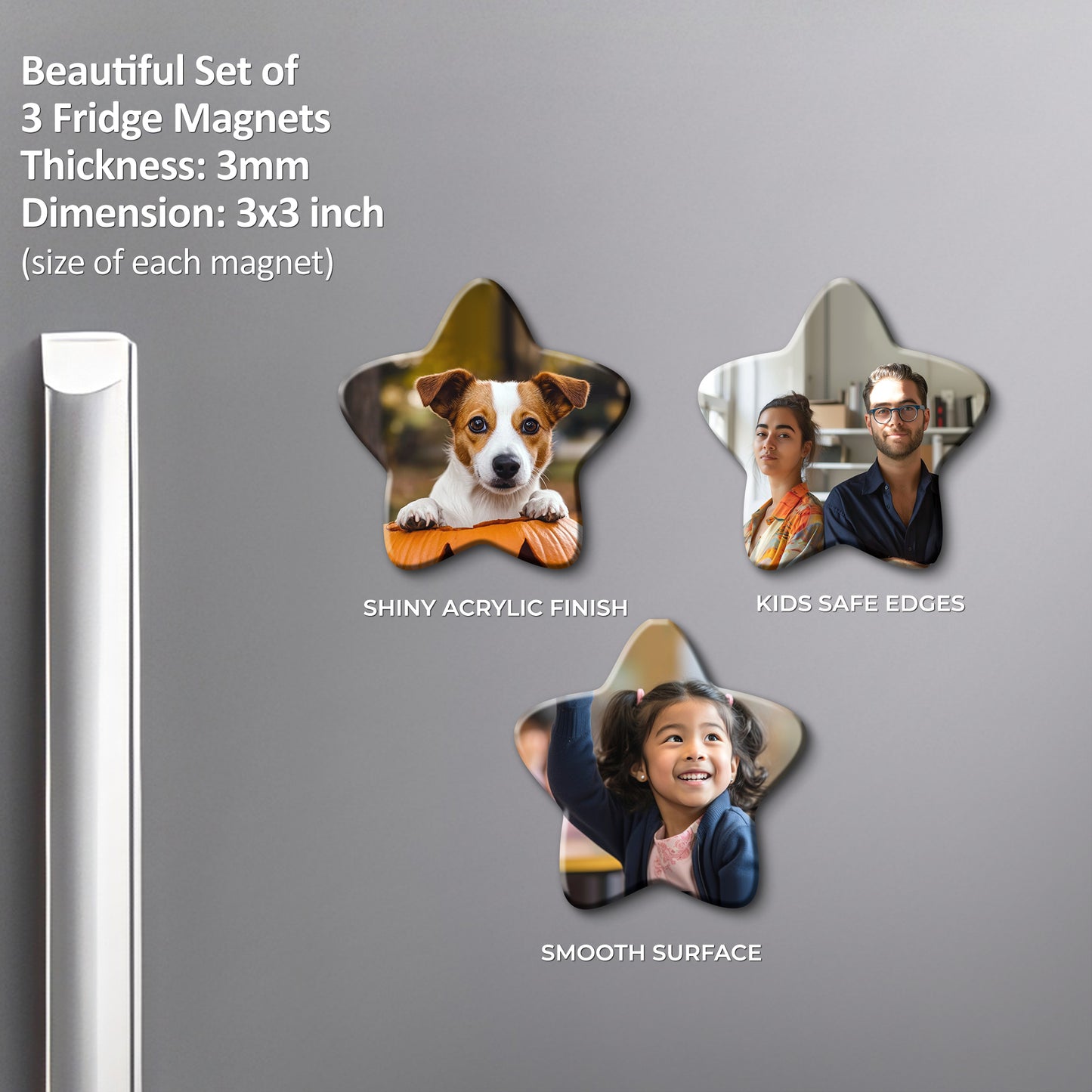 Customized Fridge Magnets Star Shape | 3x3 inch 3mm | Personalized Magnets for Refrigerator, Office, Locker | Decorative Magnetic Stickers for Home & Gifting | Set of 3