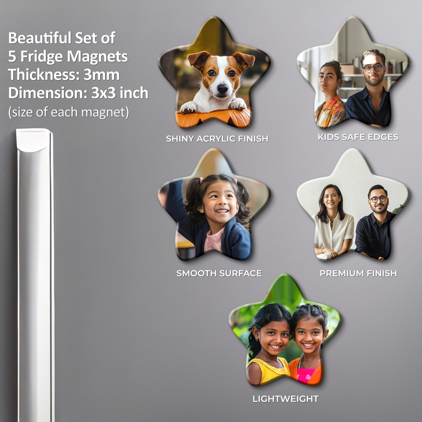 Customized Fridge Magnets Star Shape | 3x3 inch 3mm | Personalized Magnets for Refrigerator, Office, Locker | Decorative Magnetic Stickers for Home & Gifting | Set of 5