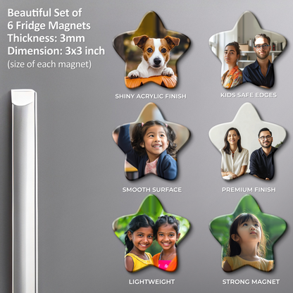 Customized Fridge Magnets Star Shape | 3x3 inch 3mm | Personalized Magnets for Refrigerator, Office, Locker | Decorative Magnetic Stickers for Home & Gifting | Set of 6