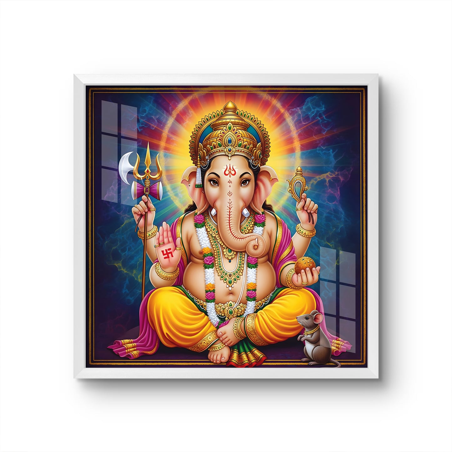 Luxury Lord Ganesha Glass Finishing Wall Frame | Colorful Ganpati Bappa Photo for Home Temple & Office | Vastu Spiritual Decor | Diwali Gift